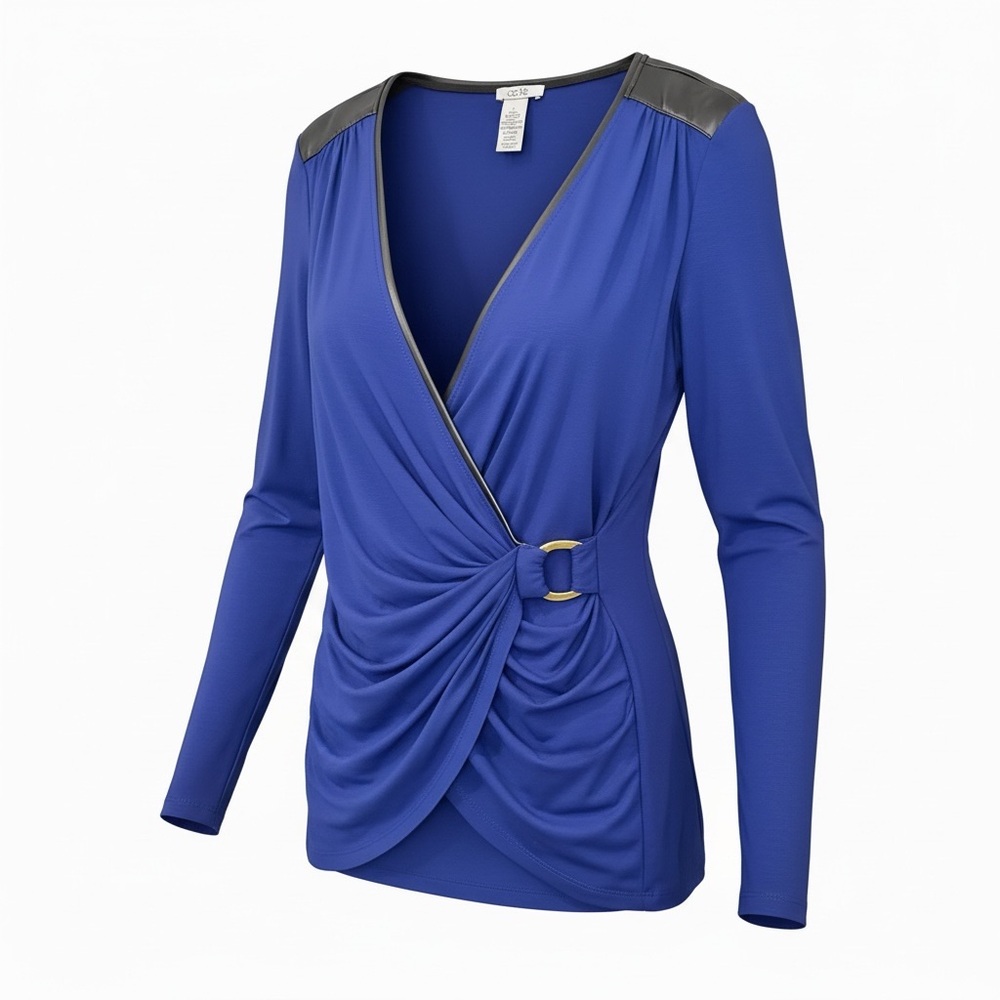 Cache Blue Ruched Wrap Top Faux Leather Shoulder Detail Size L